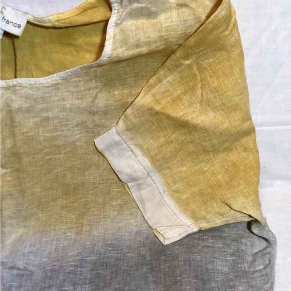 Belle France Linen Oversized Blouse Short Sleeve Pull Over Shirt Grey/Yellow L - Picture 4 of 13